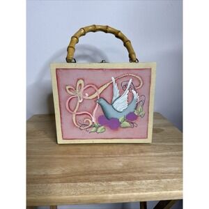 VTG 1960s ENID COLLINS STYLE WOOD BOX PURSE | BIRD & HEART MOTIF | BAMBOO HANDLE